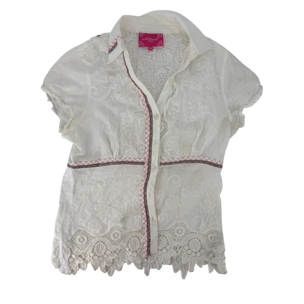 Kruger Madl White Lace Dirndl Blouse Embroidery Floral Trachten Coquette  Top